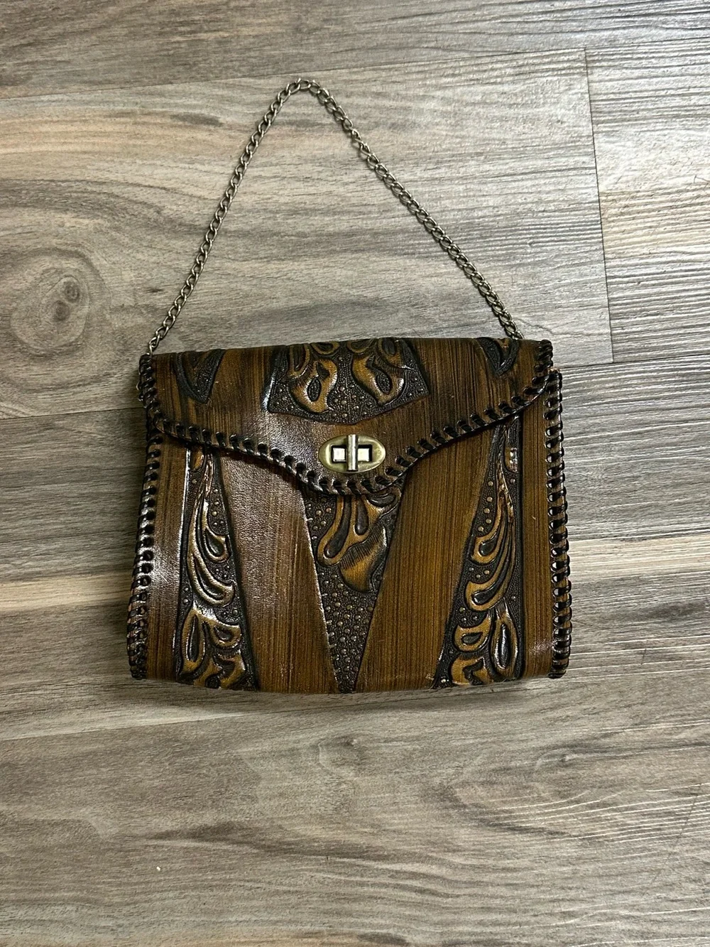 Vintage Hand Tooled Turnlock Bag with Chain Strap
